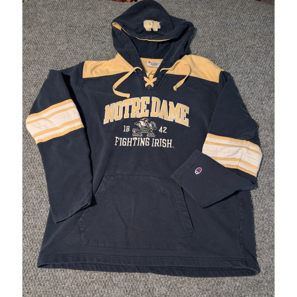 Vintage Champion Notre Dame Fighting Irish‎ Lace-Up Hooded Sweatshirt Size XL